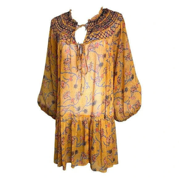 Free People Tunic Dress Keeping Up with Kara Orange Floral SHEER Boho Festival L - Picture 4 of 12